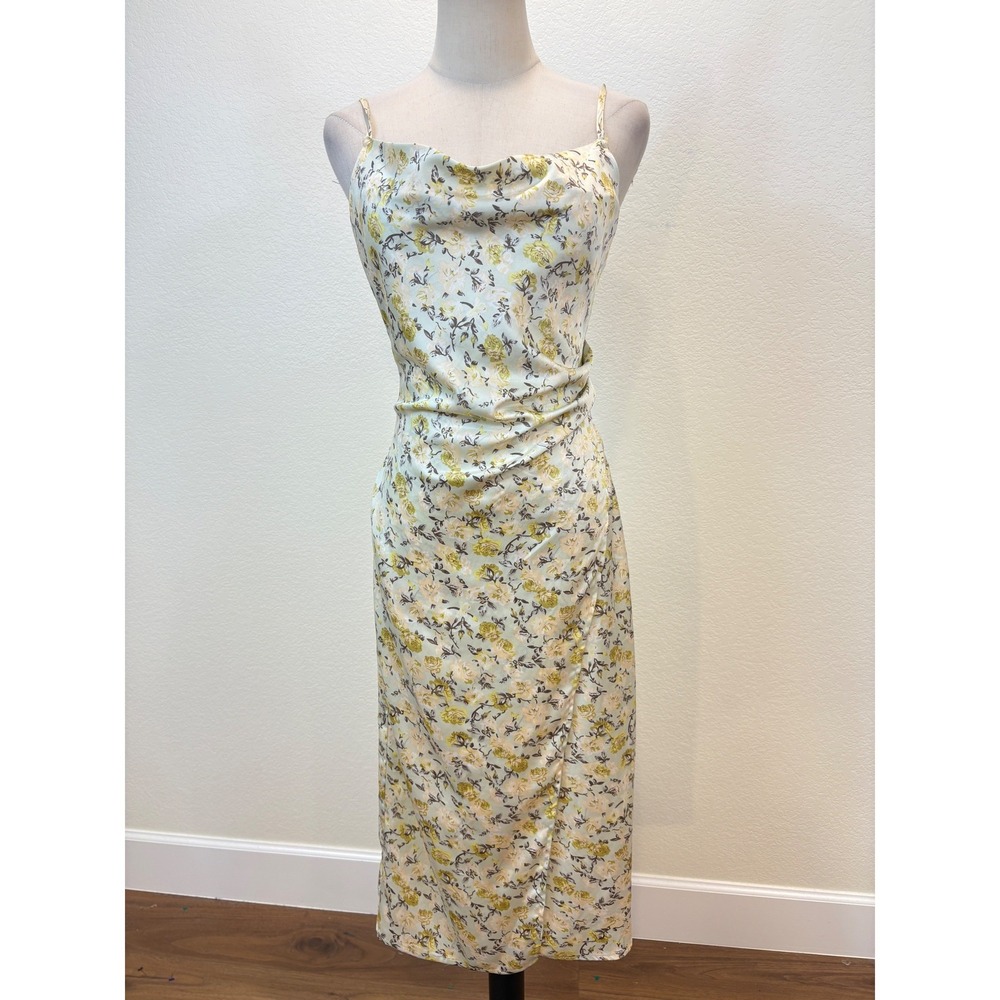 Molly Green Faux Wrap Dress S Yellow Satin Floral Cowl Midi Wedding Coquette